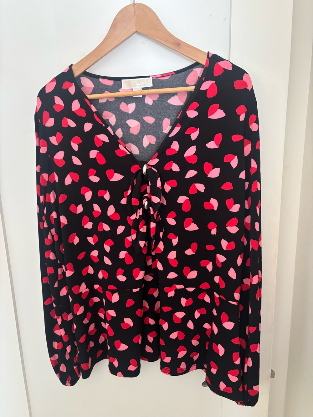 MICHAEL Michael Kors Black V-Neck Tie-Front Blouse with Pink and Red Petal Print
